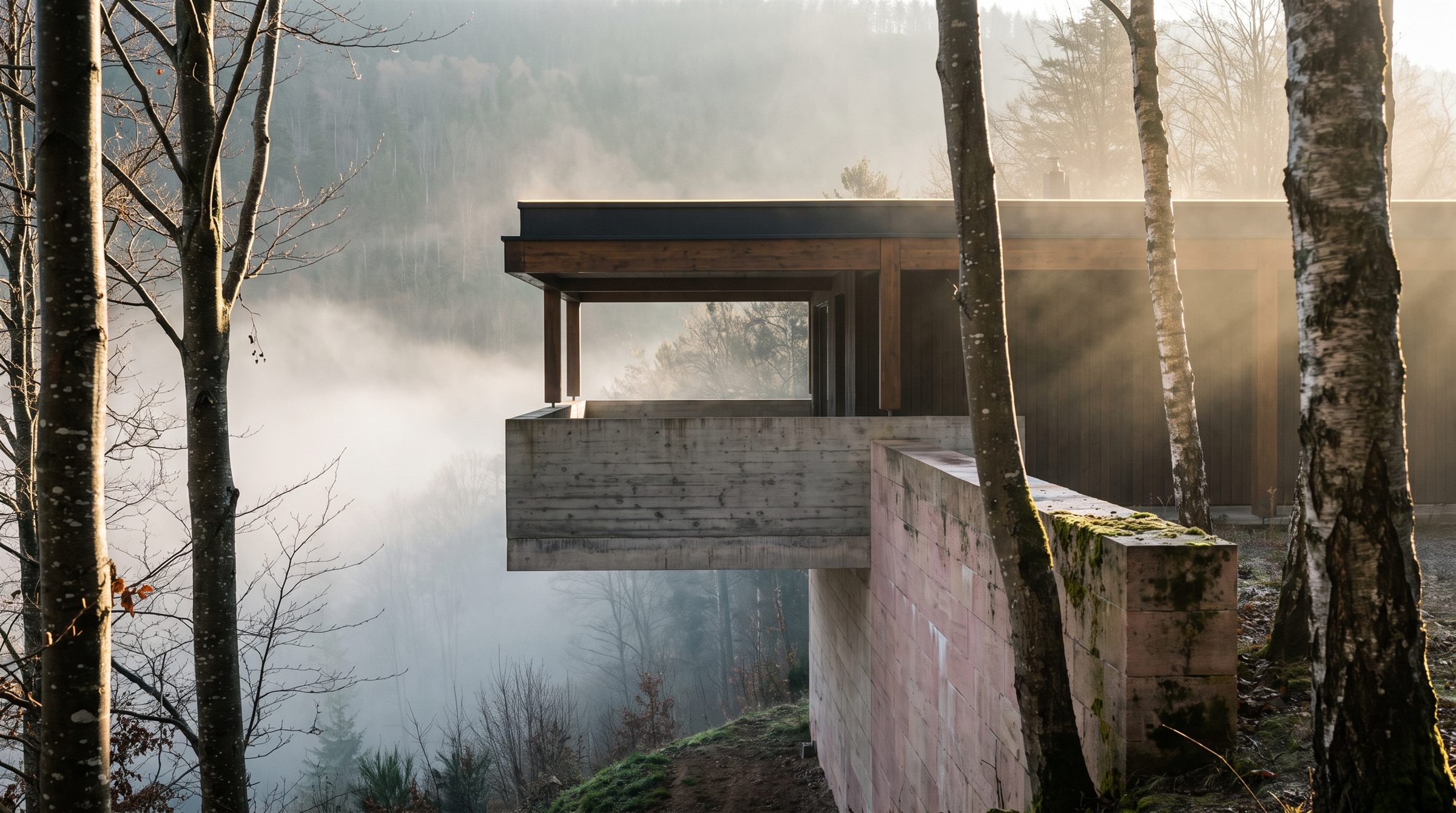 Maison en porte-à-faux au-dessus de la brume