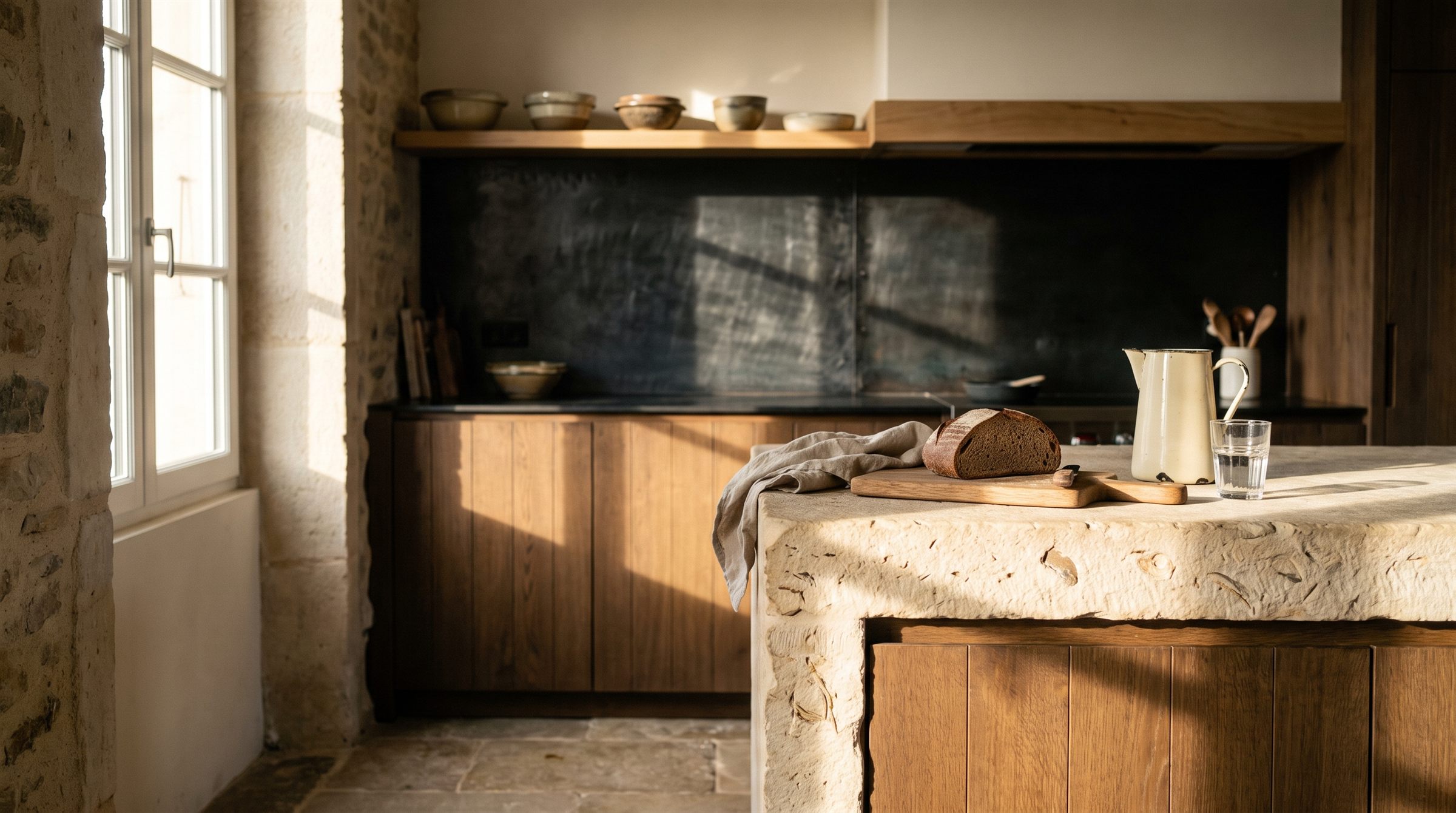 Cuisine ouverte, îlot monolithique en pierre des Vosges