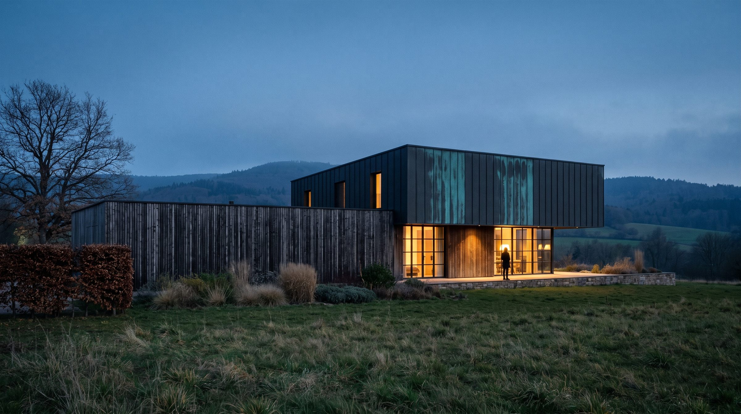 Maison contemporaine en Alsace à l'heure bleue, intérieurs éclairés