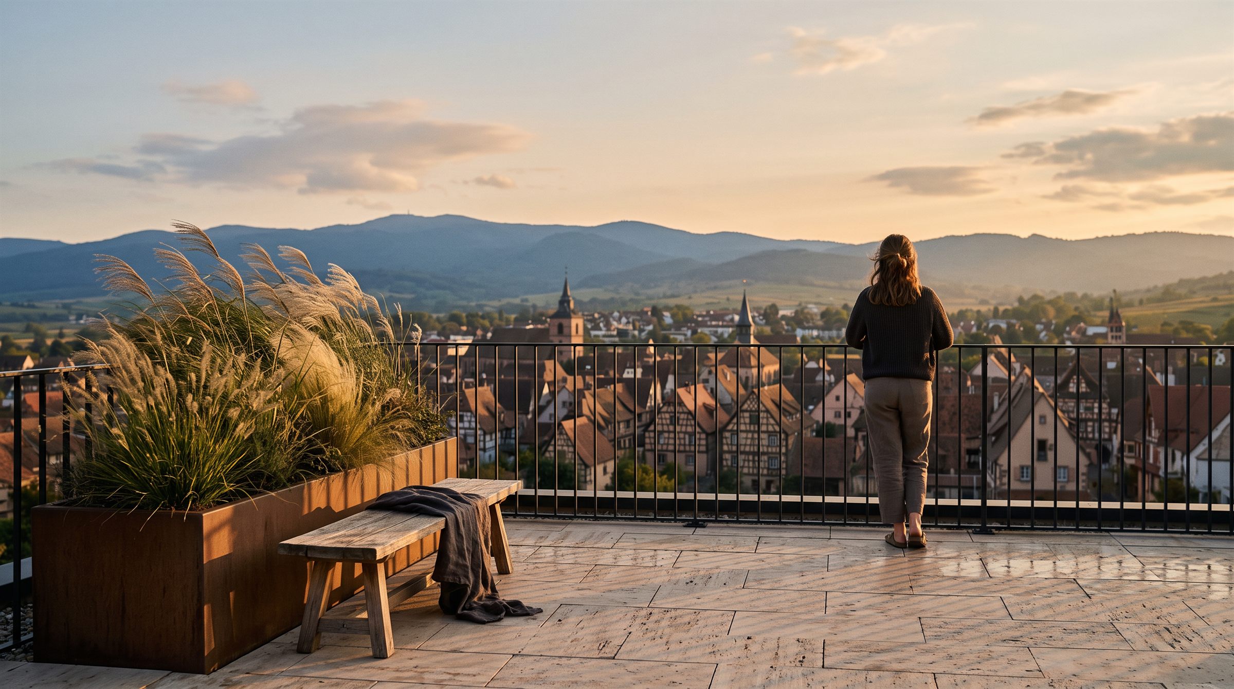 Terrasse ouverte sur un village alsacien